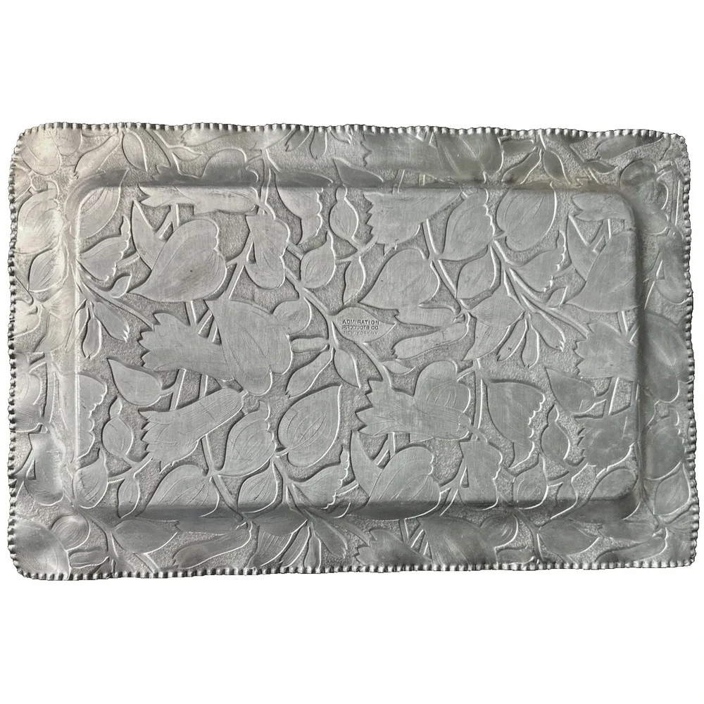 Vtg Admiration Products Co. - Floral Embossed-  Hammered Aluminum Serving Tray